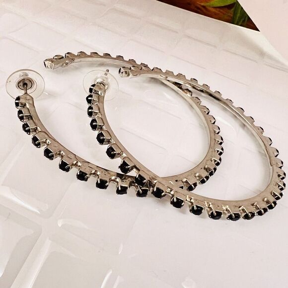 Huge Open Hoop Earrings Silver Tone Black Rhinestones Elegant Fancy 4088 - Picture 6 of 11